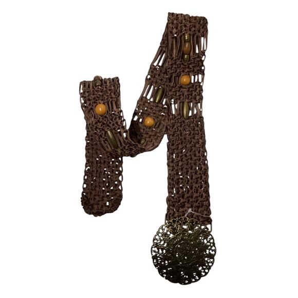 Vtg. Leather Brown Weaved Beaded Hip Hugger Belt Medalion Buckle Hippie Boho - Picture 7 of 9